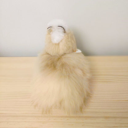 Fluffig sittande alpackagosedjur i naturfärg, framifrån