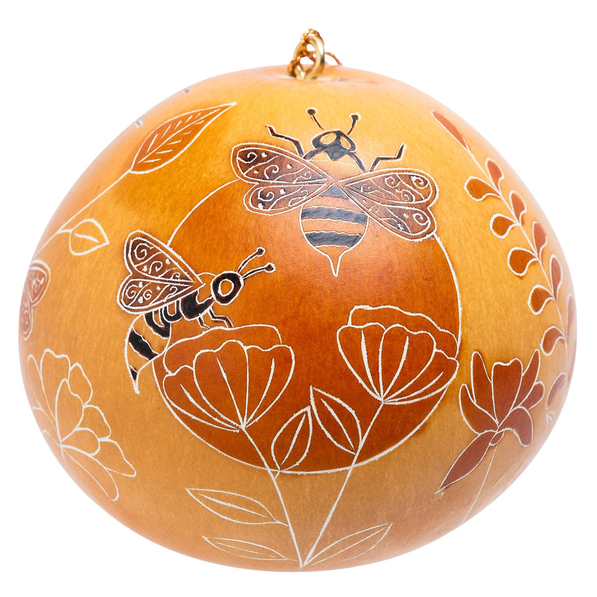 Natural gourd ornament carved with bees and wild flowers