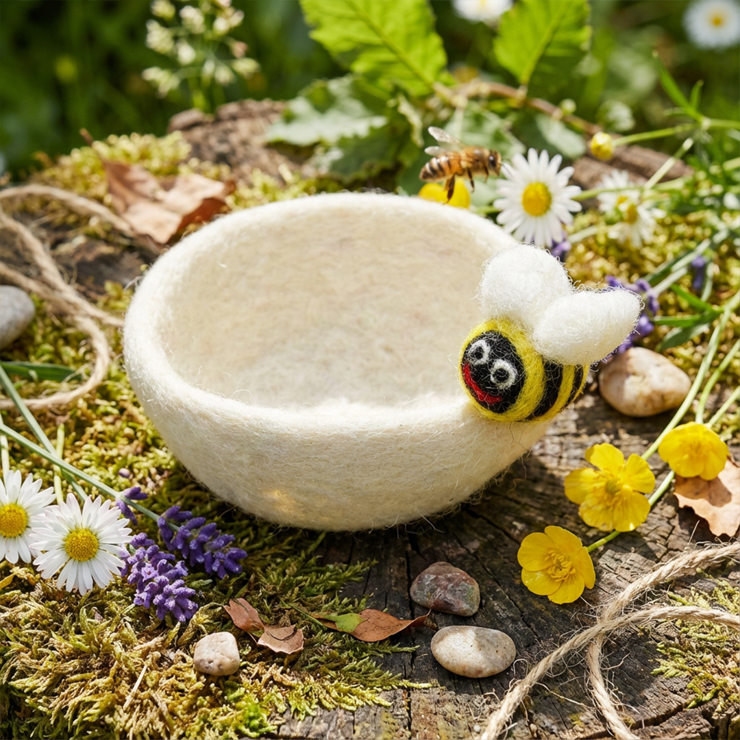 Huovutettu korurasia, puutarhaötököillä koristeltu - kodin koriste - käsityöinen keittiökoriste - 100% villaa by Felt So Good