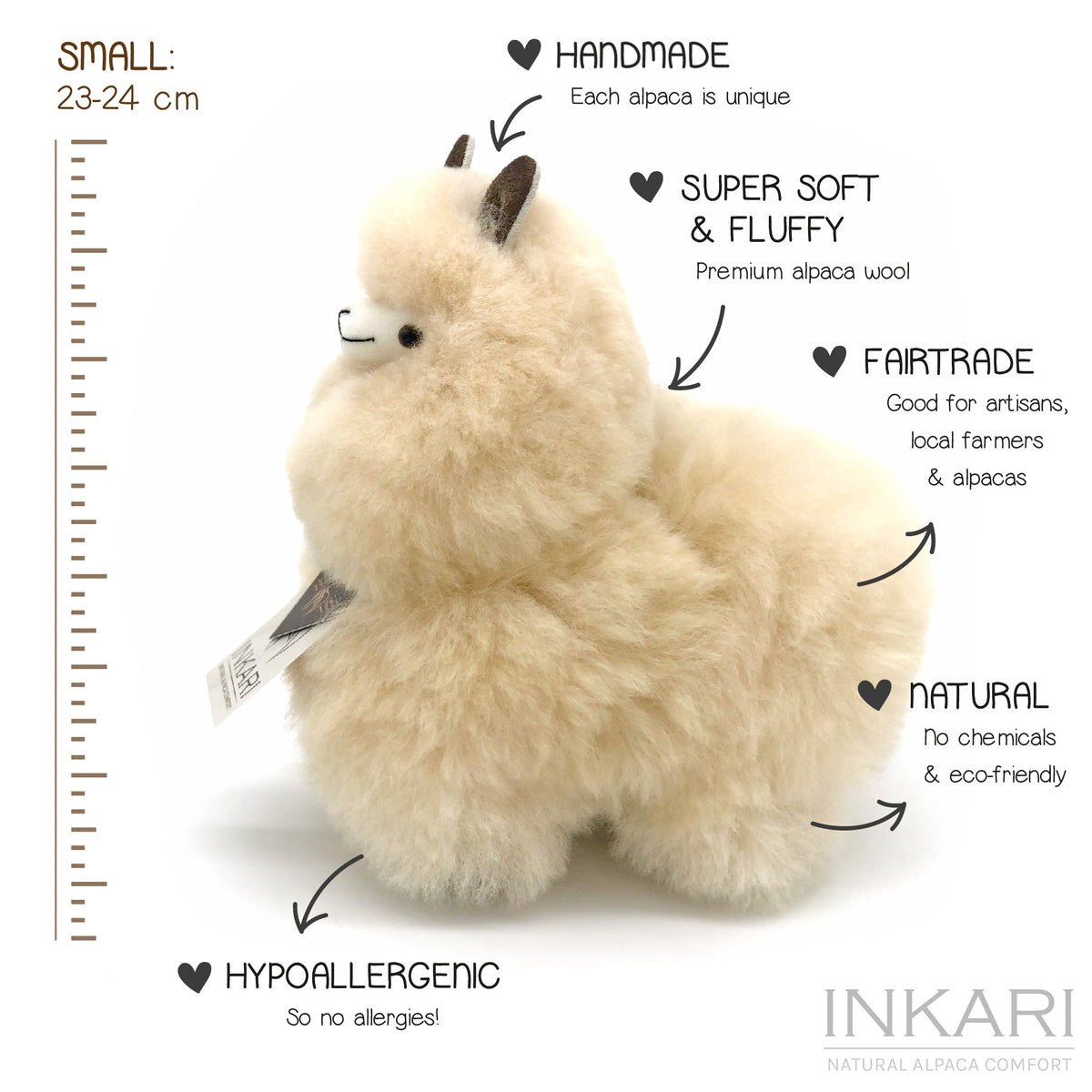 Blont INKARI Natural alpacka-gosedjur — storlek medium, 32 cm, handgjort i Peru