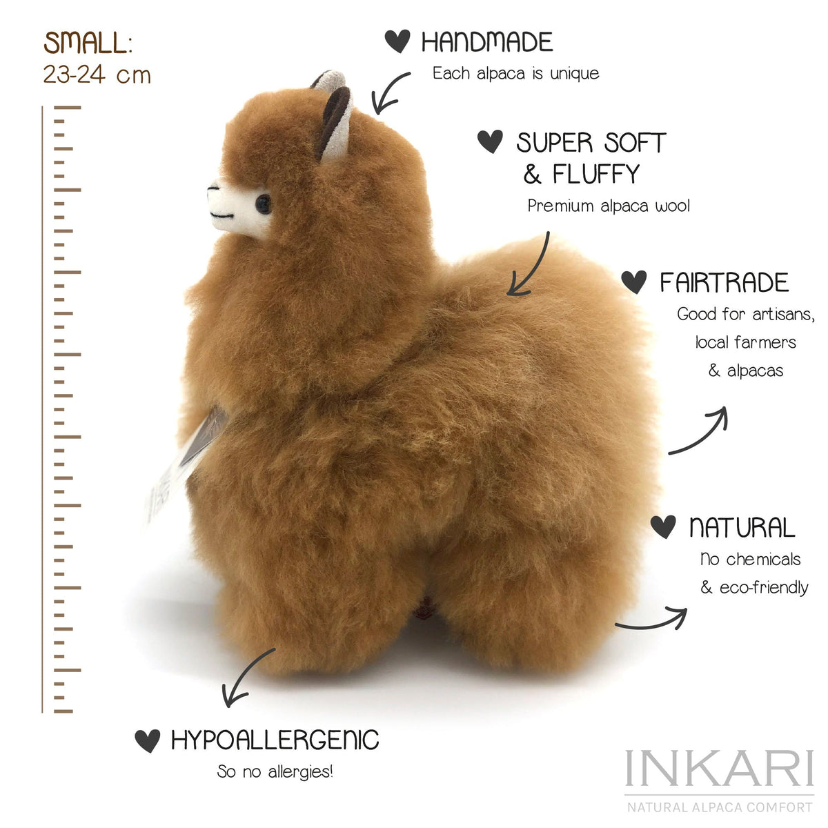 Hazelnut INKARI Natural alpaca stuffed animal — medium 32 cm size, handcrafted in Peru