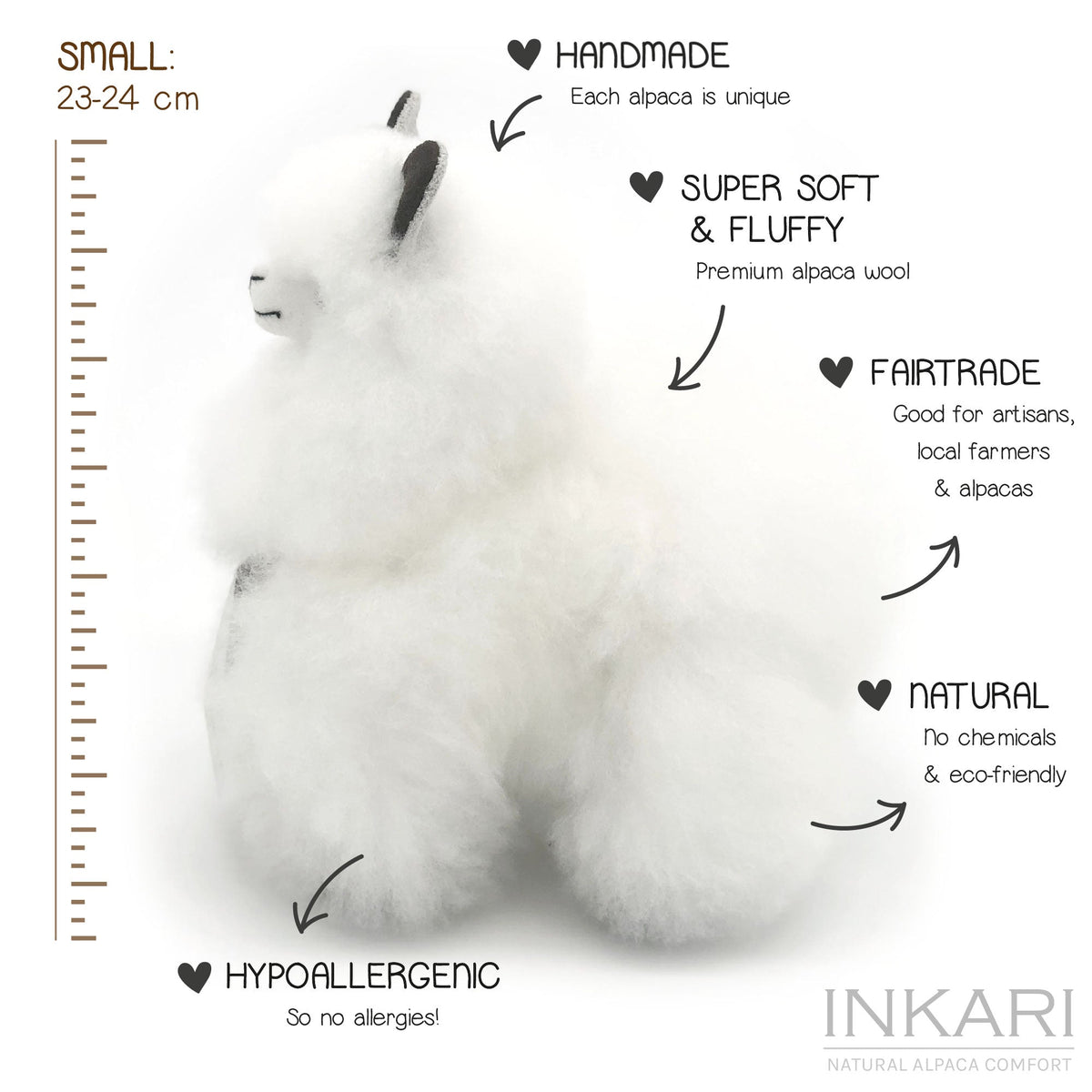 Elfenbensvit INKARI Natural alpacka-gosedjur — storlek medium, 32 cm, handgjort i Peru