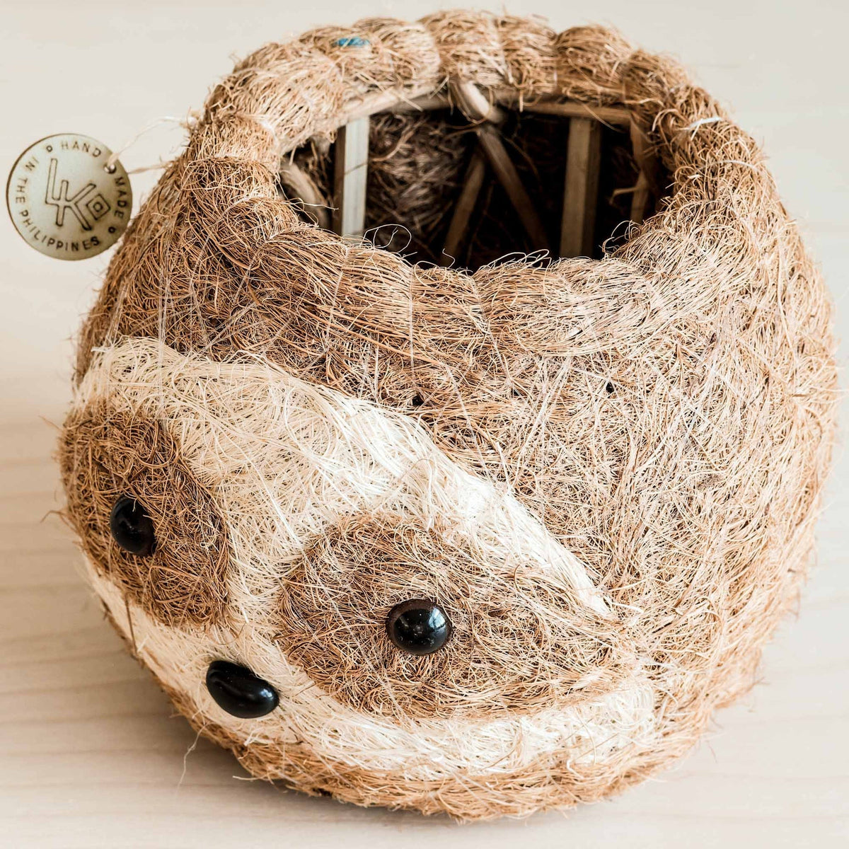 Närbild av ansiktet på tvåfärgad sengångare-krukan i kokosfiber
