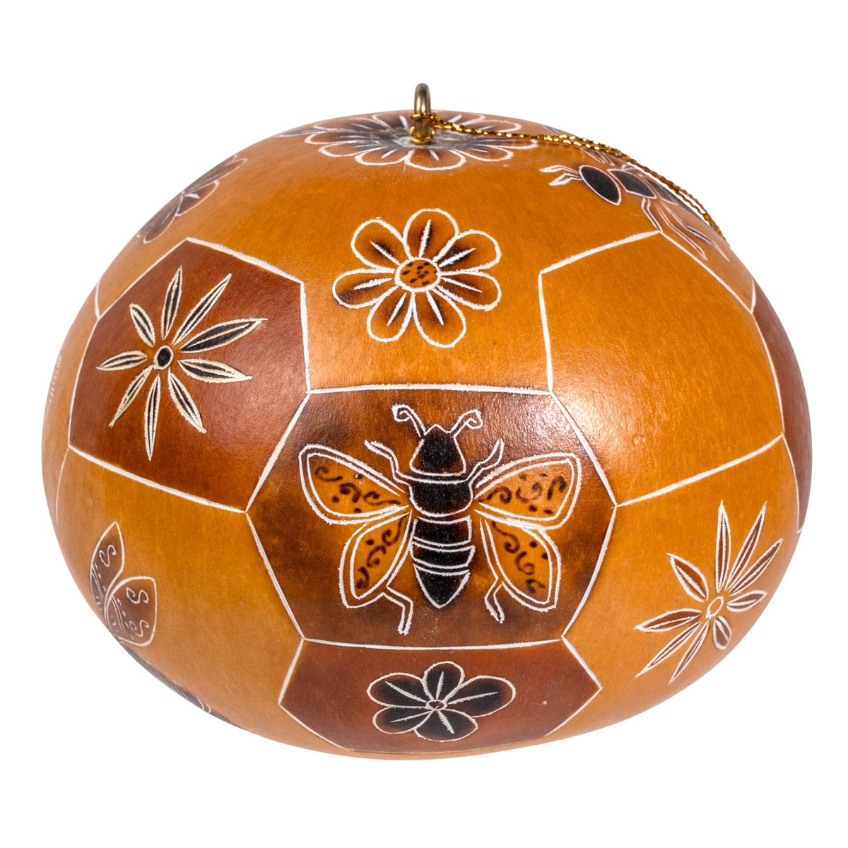 Bee Doodle-kalebass med snidat bi i en sexhörning