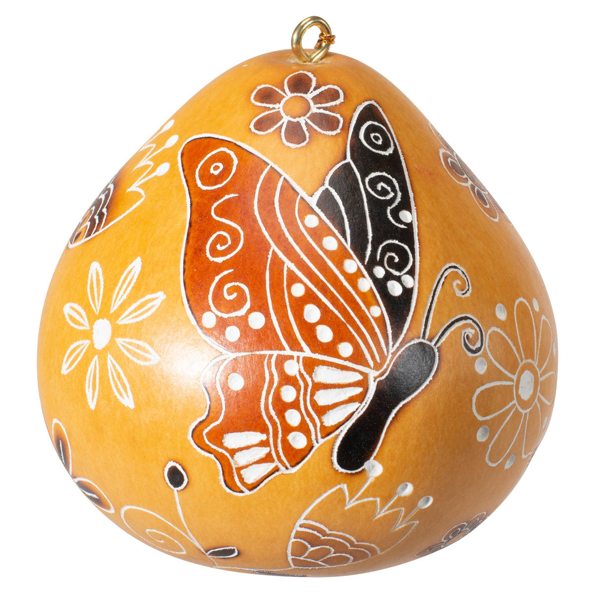 Butterfly Doodle-kalebassdekoration i naturorange med blommor