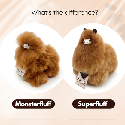Hazelnut INKARI Monsterfluff alpaca stuffed animal — close-up showing soft alpaca wool texture and gentle face