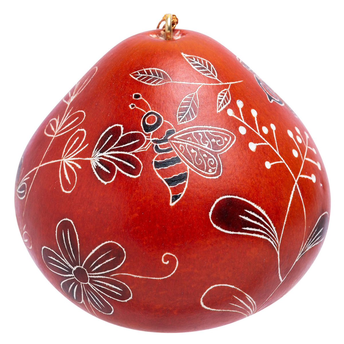 Red gourd ornament carved with a bee and wild flowers