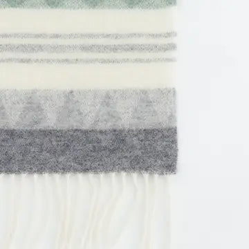 Close-up of a striped fabric with white, gray, and black colors on a light gray background.
