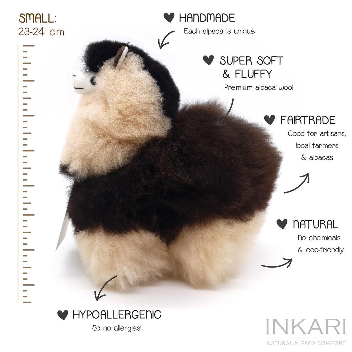 Espresso INKARI Natural alpacka-gosedjur — liten storlek 23 cm, mjuk fluffig alpackaull